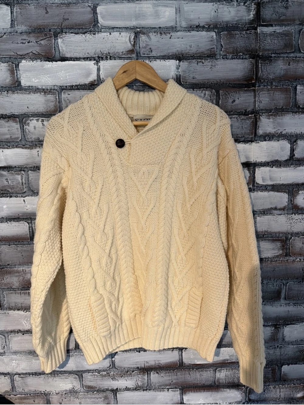 NEW SAOL Aran Cream Cable Knit Sweater Men Size M 100% Merino Wool